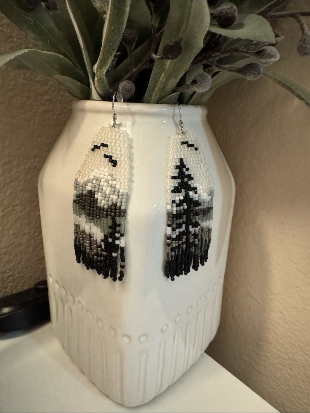 Handmade Black, White, Gray, White and Cream Beaded Fringe Earrings